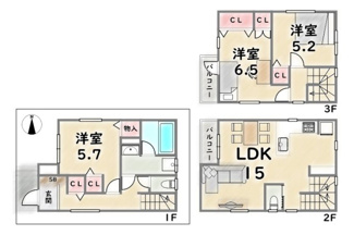 【間取り】 | 下京区坊門町 | 《B号棟》4680万円　土地面積：47.98平米　延床面積：83.02平米（1F:28.35平米　2F:28.35平米　3F:26.32平米）