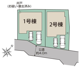 【区画図】 | 大和市福田  2号棟 | 2号棟　南東側約4ｍ公道　駐車並列2台（車種によります）　敷地面積37.6坪