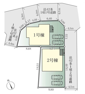 【区画図】 | 座間市南栗原6丁目  1号棟 6期 | 1号棟　角地　南東側約4.5ｍ・北東側約6～約6.3ｍ・北西側約4.4ｍ各公道　駐車並列2台（車種によります）　敷地面積42.7坪