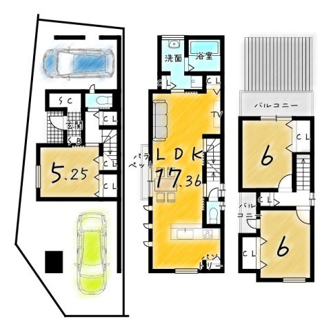 太秦一ノ井町　駐車2台プラン　建築条件付土地の土地図＋建物プラン例|【土地1900万円　建物1999万円　建物面積87.22㎡】