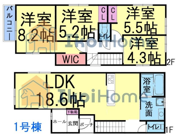 明石市太寺天王町　全3棟　1号棟　新築戸建の間取り|【ホームページに現地動画掲載中】●年中無休：当日予約可●4LDK！リビング広々18.6帖！WIC完備
