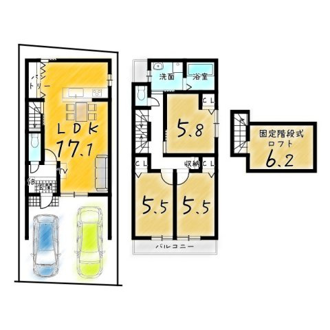 上桂御正町　新築参考プランA　建築条件付土地の土地図＋建物プラン例|【土地2500万円　建物1699万円　建物面積81.51㎡】