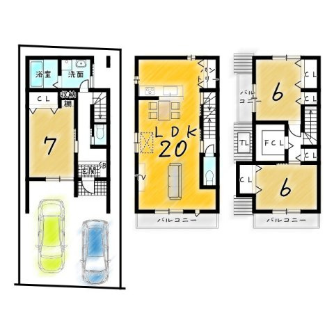 上桂御正町　3階建てプラン　建築条件付土地の土地図＋建物プラン例|【土地2200万円　建物2299万円　建物面積99.64㎡】
