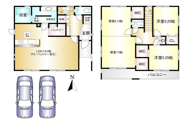 桜井市西之宮全2棟の間取り|3(4LDK)　土地面積：167.67ｍ2　建物面積：106.60ｍ2　駐車並列2台可能