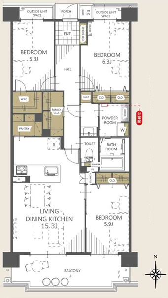 プロムナード大宮春野B-4番館の間取り|最上階南向きで眺望＆陽当たり良好の明るい3LDK！リビング横の洋室を合わせると合計21.2帖のLDKに！WIC、FC、パントリーと収納豊富なのでお家がスッキリ！人気の食洗機付きで、家事ラクも叶います◎