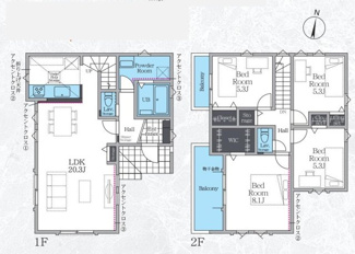 【間取り】 | 大和市福田2丁目  1号棟 14期 | 都市ガス　網戸標準仕様　シャッター2箇所付　Ｗロックディンプルキー　バルコニー2箇所　食洗機・浄水器　浴室乾燥機+窓　全居室収納　全室2面採光