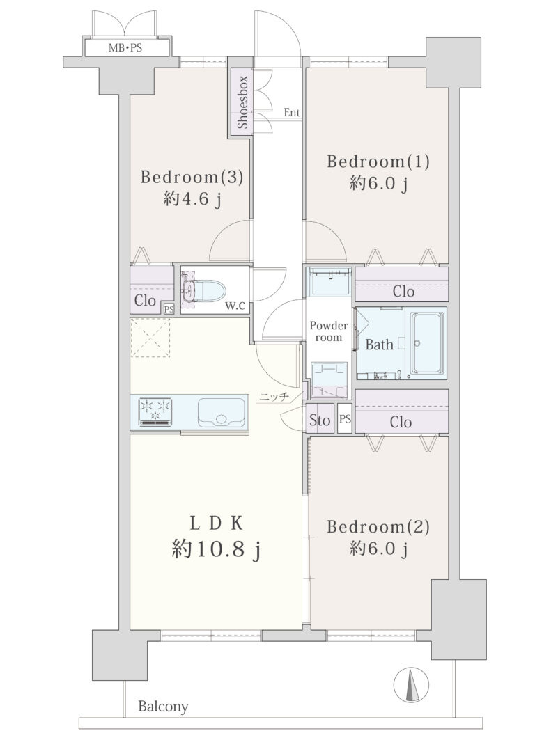 ライオンズガーデンコート練馬北町の間取り|専有面積60.77㎡の3LDK 10階部分南向き住戸につき陽当たり良好です
