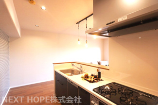 【キッチン】 | エンゼルハイムリバーサイド武庫川 | 新品のシステムキッチンです♪対面式キッチンでお料理を作りながらリビングのご家族とのコミュニケーションもとれます！！食器洗い乾燥機付きです！！食後の後片付けはお任せですね！