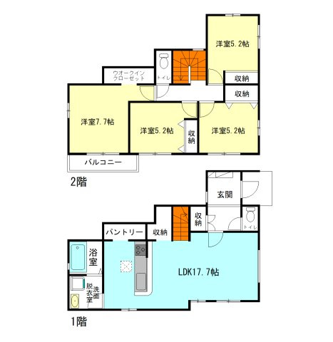 【間取り】 | アーバンスタイル高崎市岩鼻町1期ー① | 水回りを最短距離で結んだラクラク家事同線！
リビング収納やパントリー、ウォークインクローゼットなど各所に収納充実！