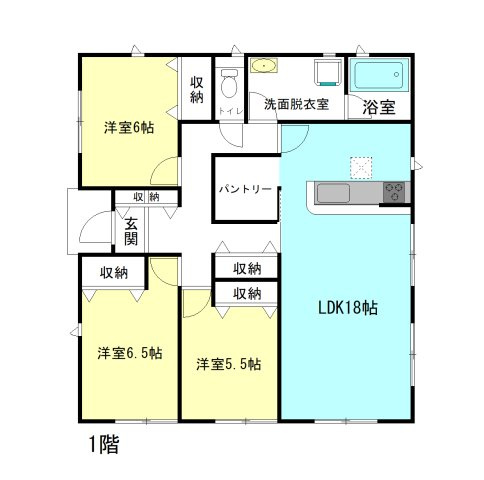 【間取り】 | クレイドルガーデン高崎市箕郷町白川第2ー② | 3LDK間取りの平屋住宅！モダンな洋室仕様！
キッチンには便利なパントリー収納付き！