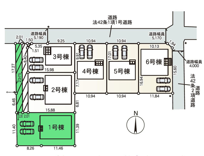 【区画図】 | クレイドルガーデン高崎市箕郷町白川第2ー① | HALUNAMOまで1.7Kmとお買い物しやすい距離♪
1・2・6号棟は人気の平屋建て住宅です！
