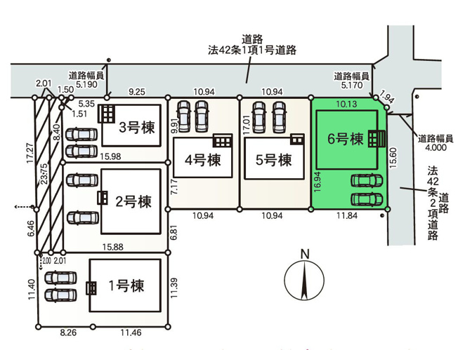 【区画図】 | クレイドルガーデン高崎市箕郷町白川第2ー⑥ | HALUNAMOまで1.7Kmとお買い物しやすい距離♪
1・2・6号棟は人気の平屋建て住宅です！
開放的な角地に面した敷地！