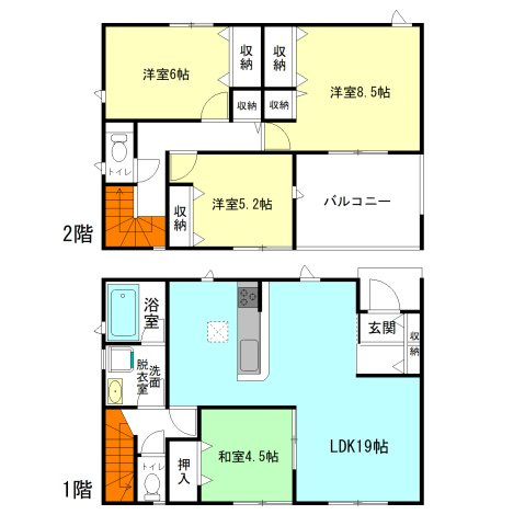 【間取り】 | クレイドルガーデン高崎市箕郷町白川第2ー⑤ | 家族と自然に顔合わせできるリビングアクセス階段！
水回りを最短距離で結んだラクラク家事同線！