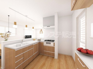 【キッチン】 | 生駒市あすか野南３丁目の新築一戸建 全２区画 | Ｂ号地キッチン完成イメージ／収納たっぷりのキッチン♪食器洗い乾燥機・カップボード・浄水器を標準装備！