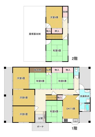 宇高4丁目　中古戸建の間取り|木造2階建てで、部屋数が多く、ご家族でもゆったり暮らせる広さを備えています。
収納や押入が多く、さらに屋根裏収納もあり、荷物の多いご家庭でも安心。