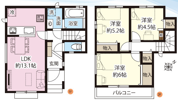 伊奈町栄四丁目76番全1棟の間取り|システムキッチンからは13.1帖の南東向きの明るいリビングが見渡せます！各部屋収納＆床下収納付きでお家がスッキリ片付きます◎南東向きのバルコニーは陽当たりが良く、洗濯物も早く乾きそうですね◎