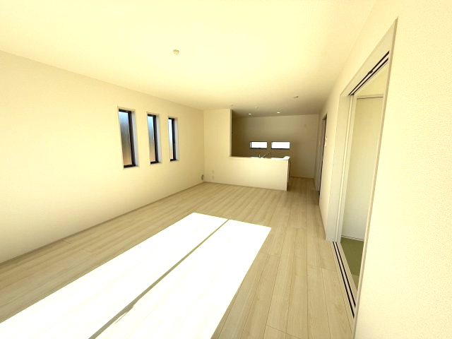 リーブルガーデンＳ第11　前橋市富士見町時沢　２号棟の居間・リビング|ゆったり過ごせる18帖リビング♪人気の対面式キッチンを配した空間はお好みの家具も合わせやすく、家族がくつろぐ快適な空間造りをサポート。窓からは明るい陽光が差し込みます。