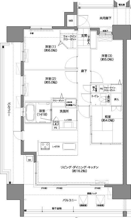 トラストネクサス生野町のその他|Aタイプの角部屋　4LDK+2WIC　LDK16.2畳　洋室①6畳　洋室②5畳　洋室③5畳