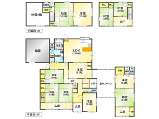 【間取り】 | 【インスペクション実施済】中古一戸建　玉島乙島　11LDK | 部屋数の充実した11LDKの間取り。2世帯にも対応可能。西側には外部倉庫もあります。