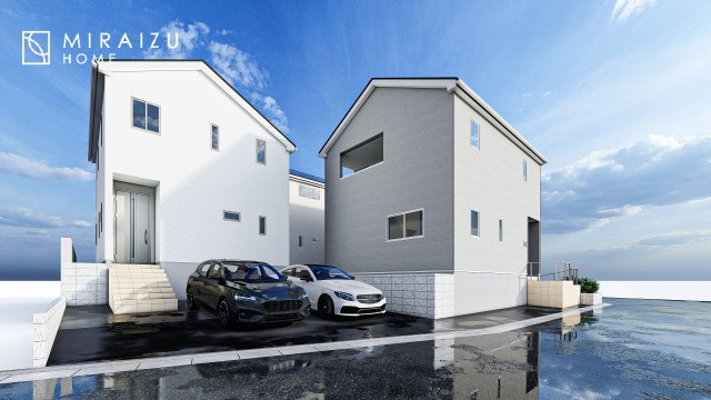 【外観】 | 青く澄み渡った綺麗な空と、陽の光をたっぷりと受ける、そんな新築住宅で新生活をスタートしてみませんか？見学・ご相談等、ミライズホーム(株)までお気軽にご連絡下さい。
