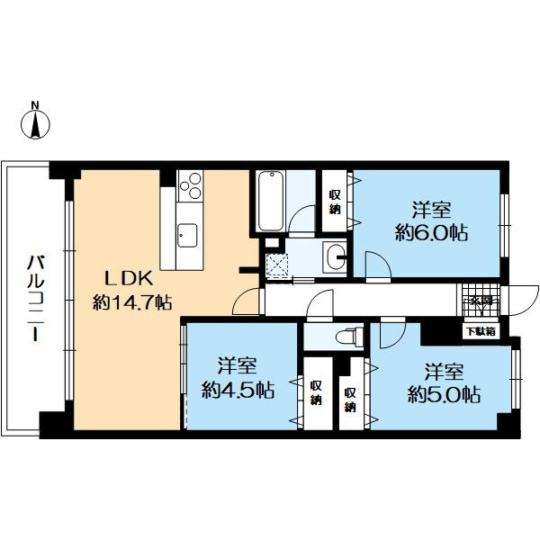 藤和三条山ノ内ホームズの間取り|壁芯66.4㎡の3LDKです。西向きバルコニーのため日当り良好です。