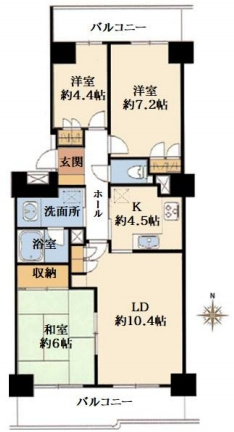 ベルヴィル大宮A棟の間取り|ベルヴィル大宮A、3LDK、専有面積74.03m2、バルコニー面積17.58m2