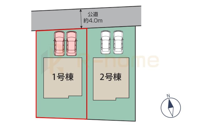 水戸市千波町4期　新築戸建て　1号棟の区画図|大きなお買い物だからこそ、メリット・デメリットを伝えさせて頂きます。
R-homeにお任せください♪