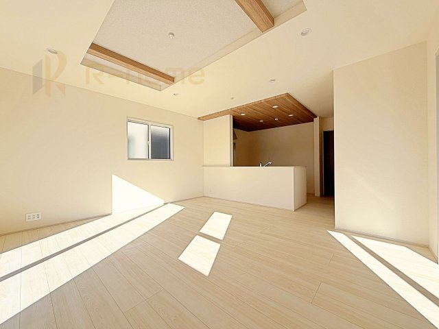 水戸市千波町4期　新築戸建て　2号棟の居間・リビング|広くてとっても明るいLDK♪ストック品などの収納に便利なパントリー付き♪