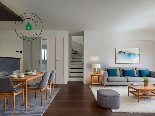 福岡市東区奈多1丁目第2-6棟（2号棟）の内観：施工例|明るく開放的なリビングダイニングは豊かな陽光が注ぎ込み、やすらぎの空間を演出してくれます。ご家族で楽しいひとときをお過ごし下さい。※家具はCGを合成したものです。