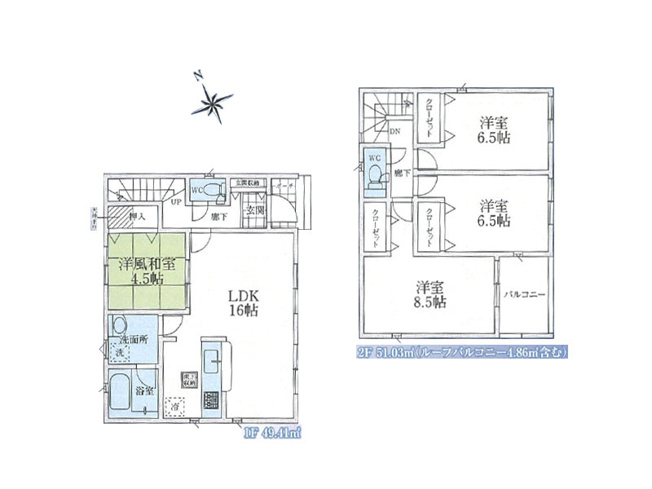 【間取り】 | 富士見市水子　新築一戸建住宅　全3棟　(ふじみ野店) | 2号棟/水回り集中設計で家事がスムーズに進みます。
リビング横の洋風和室はちょっとした家事や育児にも役立ちそうです！