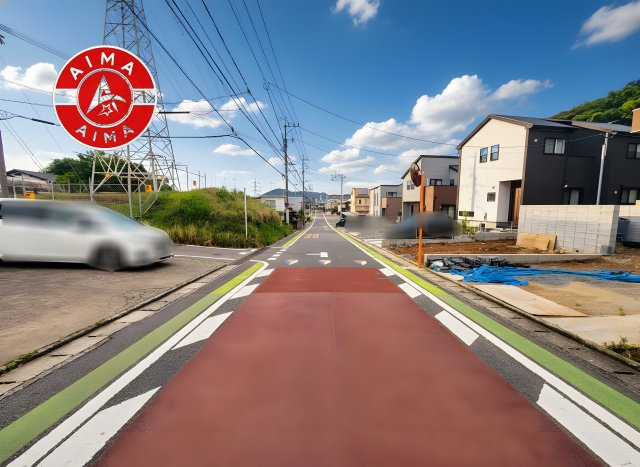 福津市福間南3丁目第1-7棟（4号棟）　の前面道路含む現地写真|前面道路は閑静な住宅地をはしる車通りの少ない道路。お車の出し入れが苦手なママや小さなお子様にも安心ですね。しっかり舗装もされているので、ベビーカーや自転車で通っても快適に通行できます。