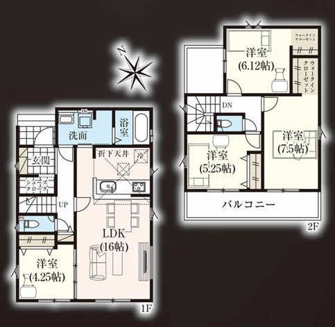 久喜市南7期全2棟　1号棟の間取り|折り上げ天井で開放感のあるキッチンから、リビング全体を見渡すことができます。WICが2部屋に付いており、収納豊富でお家全体がスッキリと片付きます◎シューズクロークでご家族分の靴もたっぷり収納できます！