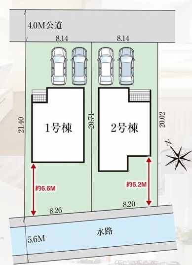 久喜市南7期全2棟　1号棟の区画図|カースペースは2台駐車可能ですので来客時にも安心です。並列駐車できますので、2台所有のご家庭ならばお車の出し入れもスムーズに行えます。周辺には買い物施設が点在しているので、毎日の生活が便利になります◎