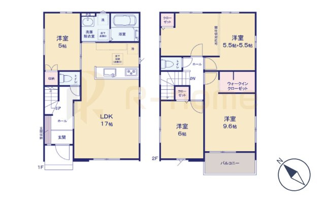 流山市江戸川台東7期　新築戸建て　2号棟の間取り|4LDK＋WIC、土地面面積166.03ｍ2、建物面積104.73m2