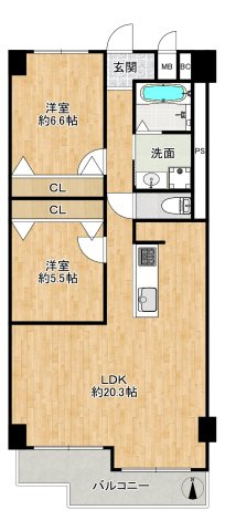 新北野第3コーポの間取り|◆専有面積：67.91㎡、2LDK、LDKは約20.3帖！