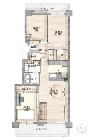 【間取り】 | リベーラガーデンE棟 | 広さ約73平米、10階南西向きで日当たり眺望良好！【駐車場1台確保】【愛宕小 徒歩8分】