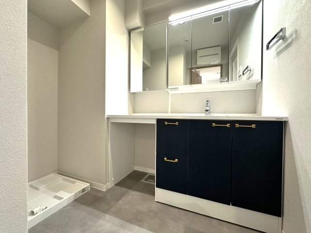 エルザタワー55の独立洗面台|明るい洗面スペースは、使いやすさを徹底的に追求した設計です。忙しい朝も快適に自然と笑顔がこぼれる心地よいひとときを叶えます。毎日の身支度がスムーズに整う、家族みんなに優しい空間です。