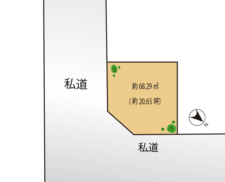 9/12　ローン解約による再販売の区画図|南東×南西角地。どちらも接道は公道です。