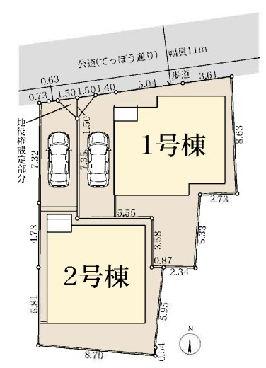 茅ヶ崎市南湖4丁目　新築戸建　全2棟1号棟の区画図