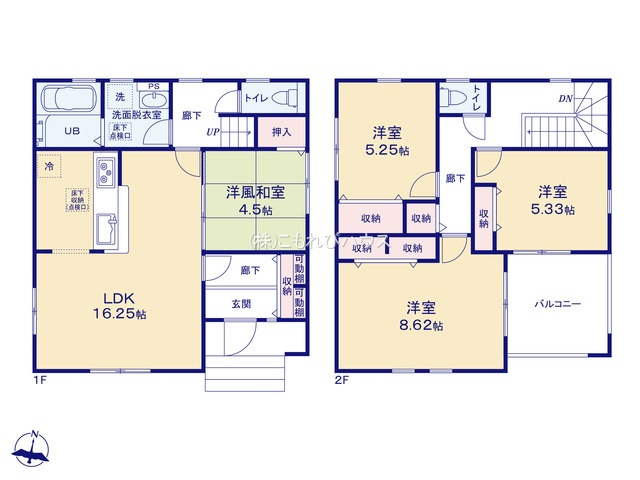 上尾市小敷谷　第2　新築一戸建て　リーブルガーデン　02の間取り|上尾市小敷谷　第2　新築一戸建て　リーブルガーデン　02、4SLDK、土地面積123.21m2、建物面積107.64m2