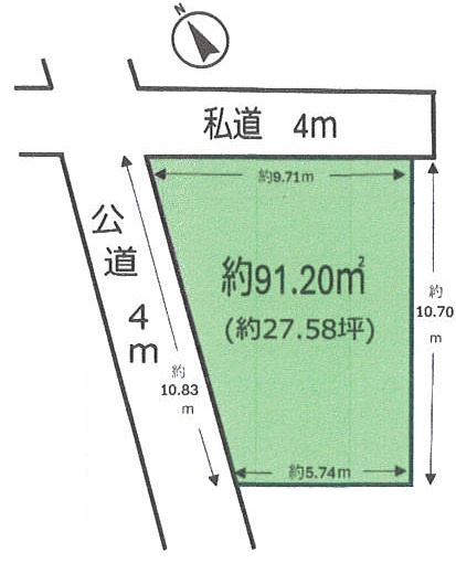【土地図】 | 作新台１丁目　売地 | 角地（北西×西）　更地　建築条件なし