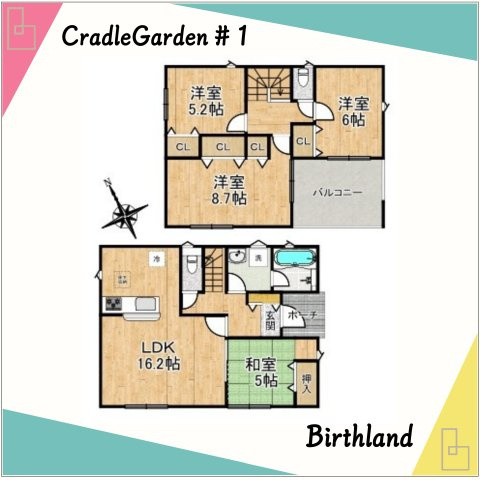 新築戸建・新築建売　桐生市天神町3丁目　北小・清流中の間取り|＜1号棟＞玄関近くに洗面室があるので帰宅後すぐに手洗い習慣が身につくおかえり動線のある衛生的な間取り