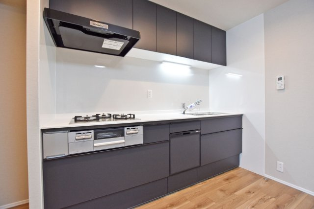 グリーンコーポ江坂第3のキッチン|新調されたシステムキッチンです。落ち着いた色合いで高級感があります。