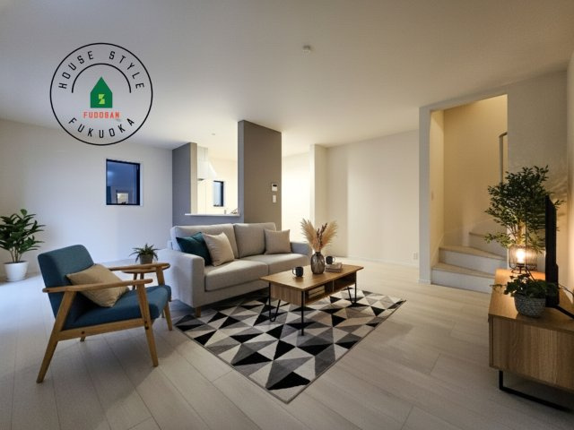 福岡市東区若宮4丁目第3-5棟（4号棟）の内観：施工例|明るく開放的なリビングダイニングは豊かな陽光が注ぎ込み、やすらぎの空間を演出してくれます。ご家族で楽しいひとときをお過ごし下さい。※家具はCGを合成したものです。