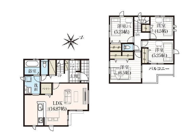 【間取り】 | 新座市畑中1丁目　新築一戸建住宅　全2棟　(志木本店) | ファミリーに嬉しい4LDKのゆとりある住空間。
ホール収納やシューズクロークなど豊富な収納でお部屋を広くお使いいただけます。