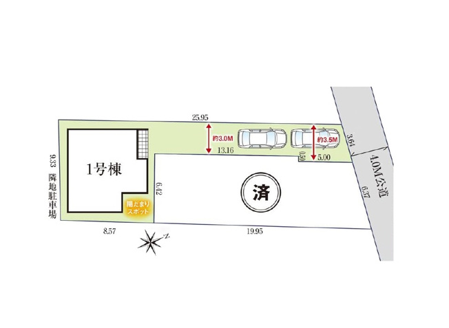 【区画図】 | 新座市畑中1丁目　新築一戸建住宅　全2棟　(志木本店) | 通りからの視線が気にならない旗竿地。
2台駐車可能なのでご夫婦それぞれの車が停められます。