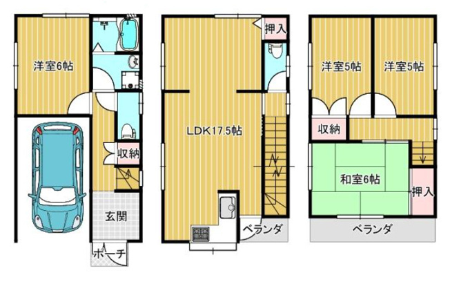 【間取り】 | 東大阪市西岩田1丁目 | 3階建【車庫付き4LDK♪】室内水廻り設備一新！全面リフォーム済み☆LDKゆったり17.5帖！トイレ2ヶ所にあり♪食洗機・浴室乾燥機・TVモニターホン新調完備です☆