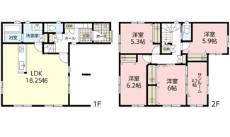 【間取り】 | 廿日市市串戸4（宮内串戸駅徒歩5分！）限定1棟 | 18.25帖リビング☆２階4部屋☆ファミリータイプ4LDK☆サンルーム☆