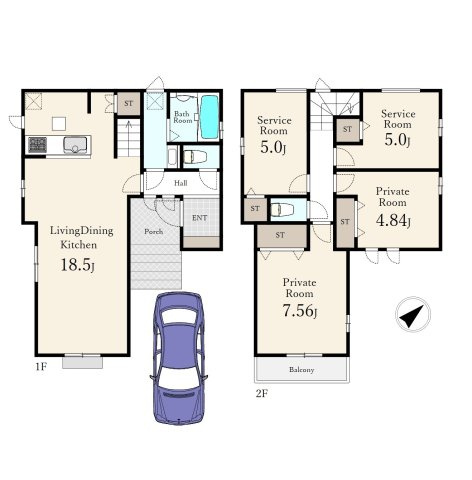 和光市白子3丁目 全3棟 B号棟の間取り|リビング+水回りを配した生活しやすい間取りです
2階建て4LDK(納戸表記含む)+カースペース
隣地通路に面する角地感覚の開放感あふれる立地