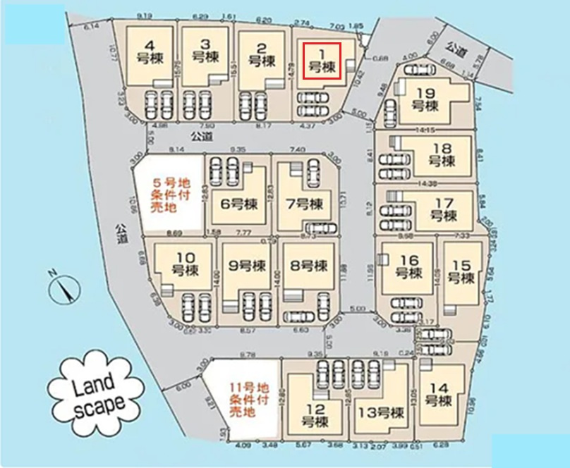 清瀬市下宿2丁目・全19棟　新築一戸建　1号棟の区画図|【全19棟・1号棟】
日当たり・通風良好な南東角地、並列駐車2台可能です。